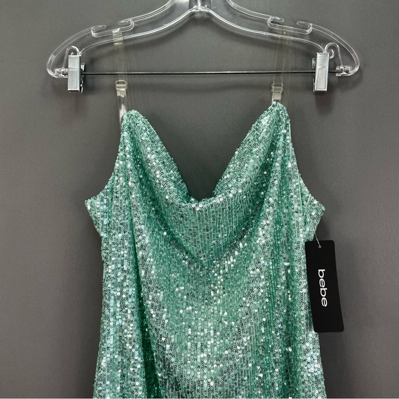 BEBE mint colour sequin slip dress draped midi with clear straps clubbing mini - Picture 4 of 12